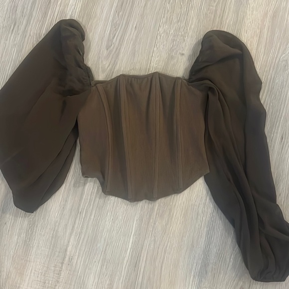 Brown green corset top with mesh sleeve - Picture 1 of 2
